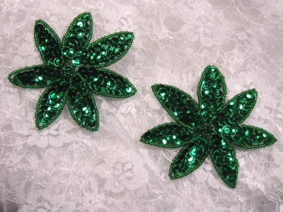 Green Floral Pair 3.5" Sequin Beaded Appliques K8139