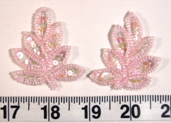 AT8633  Pink Crystal AB Leaf Mirror Pair Sequin Beaded Appliques 2"