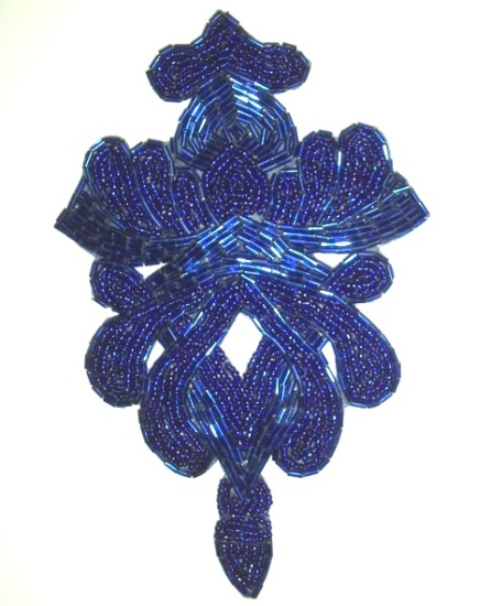 K8636  Royal Blue Victorian Beaded Applique Motif 6.75"