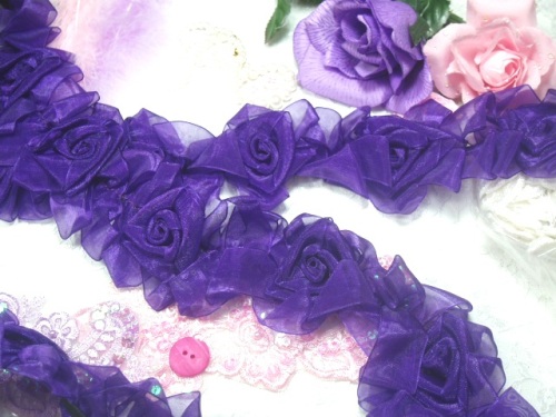 L28  Purple Organza Floral Sewing Trim 2.5"