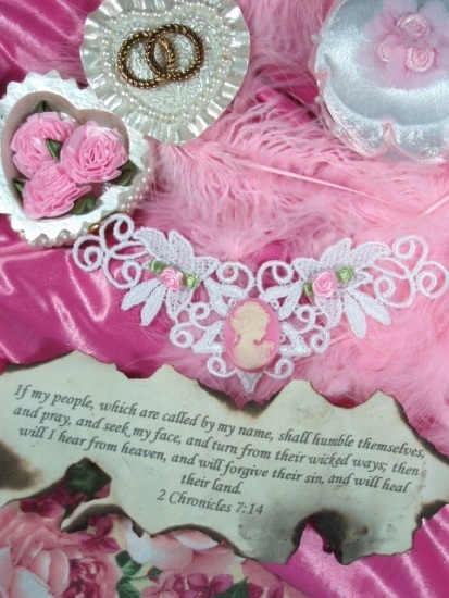 VG12 White Pink Venise Lace Cameo  Applique 5.5"