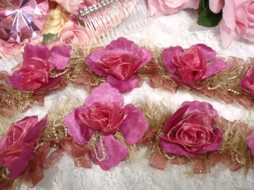E5665 Pink Rose & Beige Rose Floral Stretchy Sewing Trim