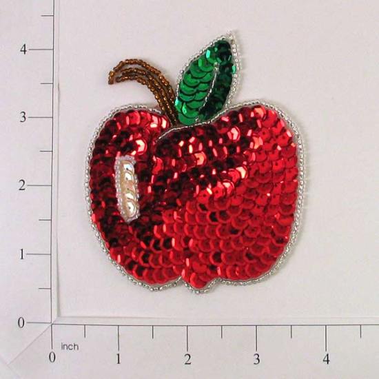 E632 Red Apple Sequin Beaded Applique 3.5"