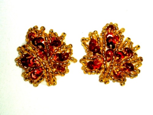 EB14  Set of ( 2 )  Amber Gold Leaves Sequin Beaded Appliques 1"