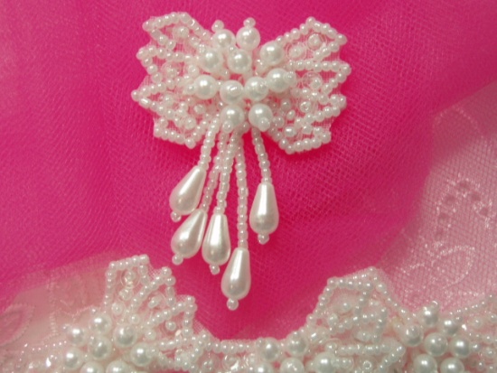 0036 Crystal & Pearl Bow 2" Sequin Beaded Applique  0036