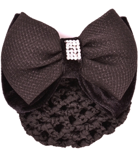 E222 Black Crystal Hair Bow w/ detachable Bun Net