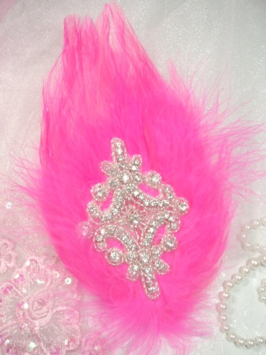 FB38  Hot Pink Feather Crystal Rhinestone Applique Brooch 7"