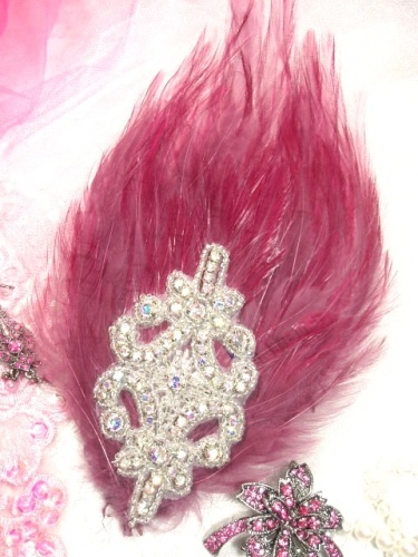 FB40 Mauve Rose Feather Crystal AB Rhinestone Applique Brooch 7"