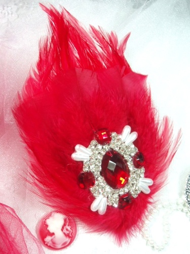 FB41 Red Feather Crystal Rhinestone Applique Brooch 7"