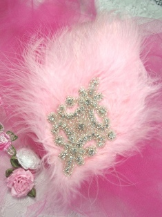 FB49  Light Pink Feather Crystal Rhinestone Applique Brooch 7"