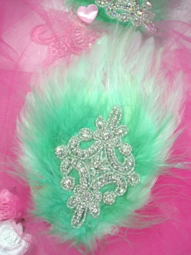 FB50 Mint Green Feather Crystal Rhinestone Applique Brooch 7"