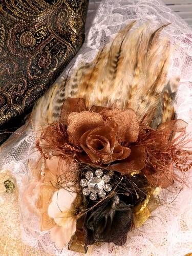FB56 Multi Brown Floral Rhinestone Feather