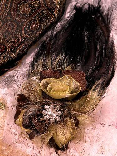 FB56 Brown & Beige Floral Rhinestone Feather
