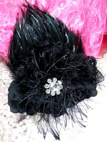 FB56 Black Floral Rhinestone Feather