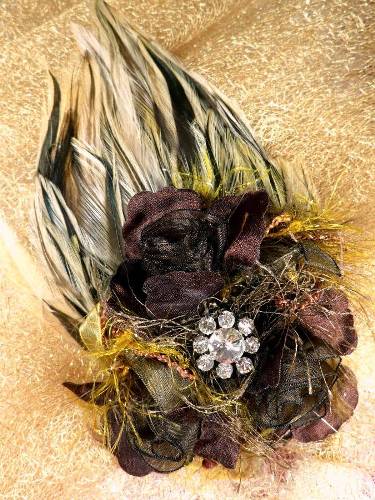 FB56 Brown Striped Floral Rhinestone Feather