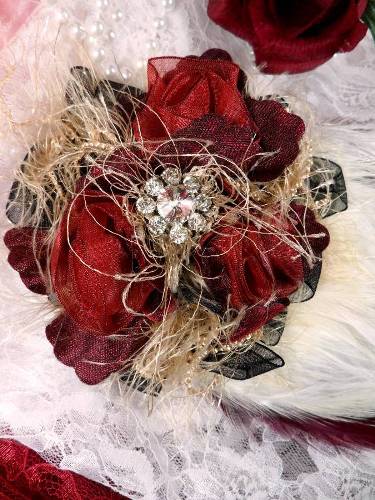 FB56 Burgundy & Ivory Floral Rhinestone Feather