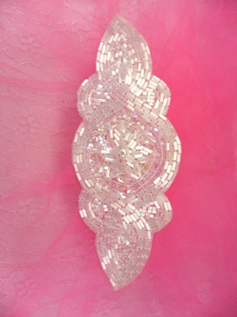 FS121 White Satin Beaded Sequin Applique 5"