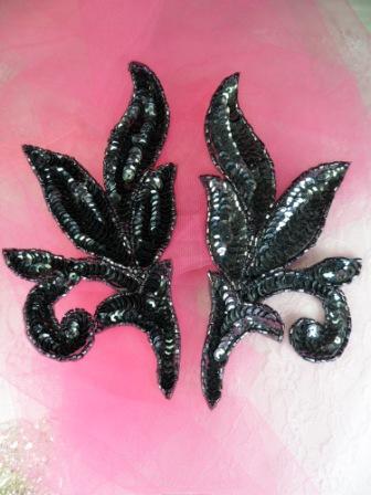 FS145 REDUCED Gunmetal Mirror Pair Beaded Sequin Appliques 7"