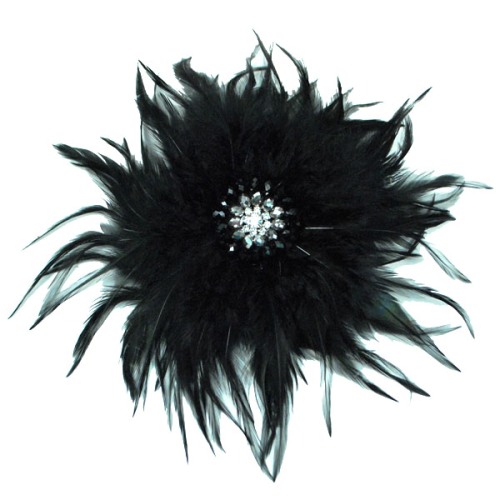 E4246  Black Rhinestone Feather Brooch 9"