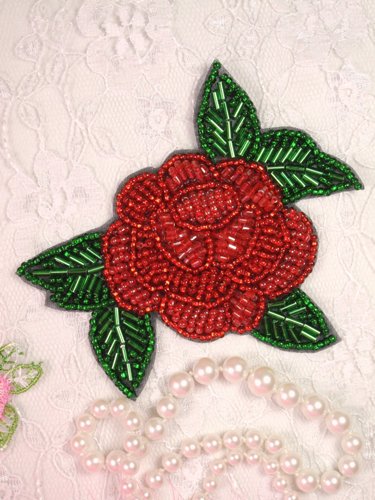 FS731 Red Rose Floral Beaded Applique 3.5"