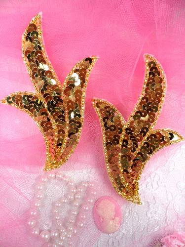 FS1023B Gold Mirror Pair Beaded Sequin Appliques 4"