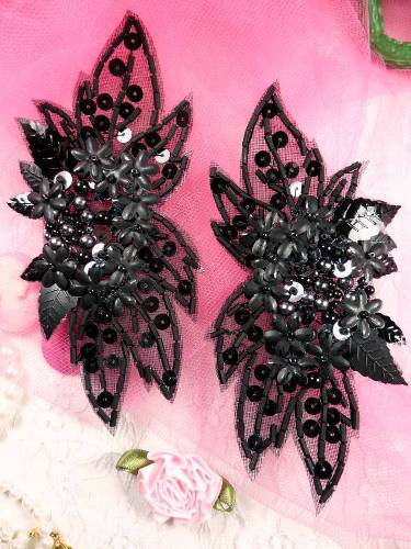 FS1025X Gunmetal Beaded Leaf Mirror Pair Sequin Appliques 4.5"