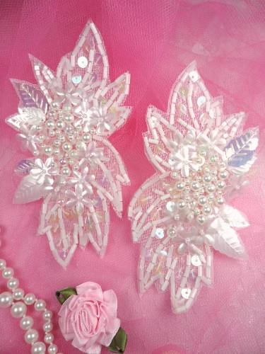 FS1025X White Satin Beaded Leaf Mirror Pair Sequin Appliques 4.5"