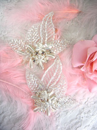 FS1096 White AB Floral Mirror Pair Beaded Sequin Appliques 3.5"
