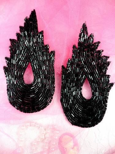 FS1143X Black Mirror Pair Flame Beaded Appliques 4.75"