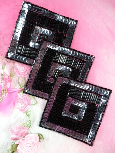 FS1158 Gunmetal Black Triple Diamond Beaded Sequin Applique 7"
