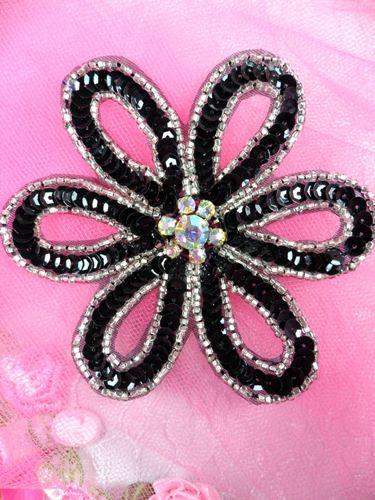FS1315 Black Silver Floral Beaded Sequin Applique 3.75"