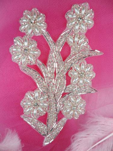 FSSF15 Silver Pearl  Beaded Rhinestone Applique 5.75"