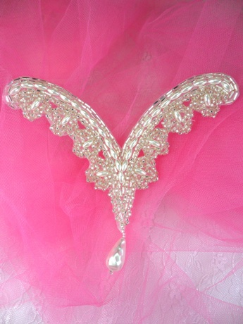 FS1792B Silver Pearl Beaded Dangle V Shaped Collar Applique