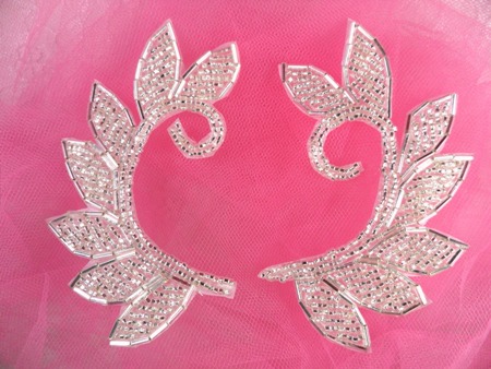 FS2088 Silver Mirror Pair Leaf Beaded  Appliques 4"