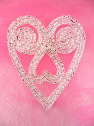 FS211AB Silver Heart Beaded Applique 4.25"
