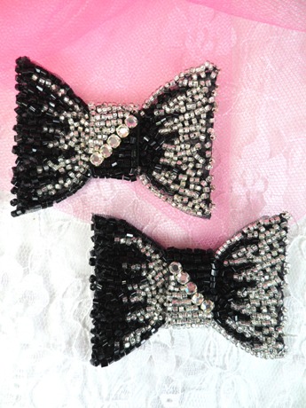 FS2160 Black & Silver Bow Mirror Pair Rhinestone Beaded Appliques 2.5"