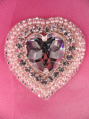 FS2356 Rhinestone Silver Pearl Heart Beaded Applique 2"
