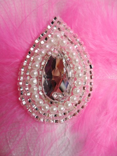 FS2377 Rhinestone Silver Pearl Teardrop Beaded Applique 1.25"