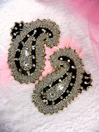FS2632 Gold, Silver & Black Mirror Pair Rhinestone Beaded Sequin Paisley Appliques 5"