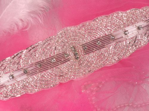 FS302  Silver Rhinestone Beaded Applique 10.75"