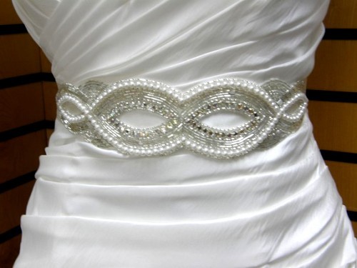 JB16 Silver Beaded Pearl Crystal Rhinestone Applique  8.75"