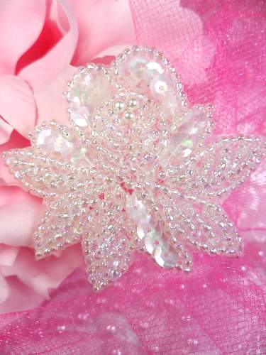 FS3138  Crystal AB Floral Sequin Beaded Applique 2.25"