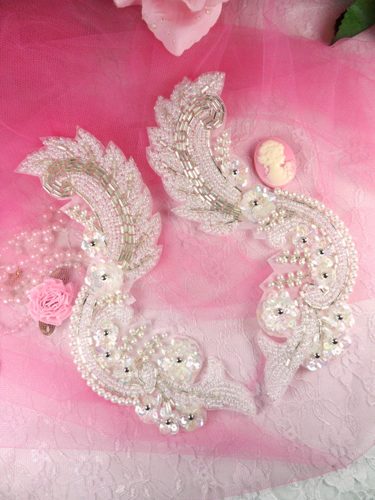 FS3316 Crystal AB Silver Pearl Mirror Pair Beaded Sequin  Appliques 7"