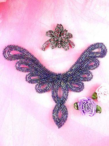 FS354 Purple AB Beaded Collar Applique 5.5"