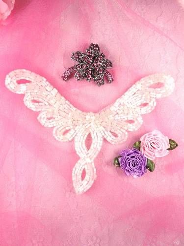 FS354 White Satin Beaded Collar Applique 5.5"