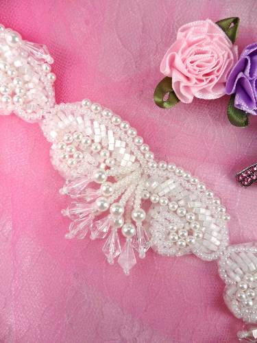 FS3914 White Pearl Satin Beaded Victorian Trim 1.5"