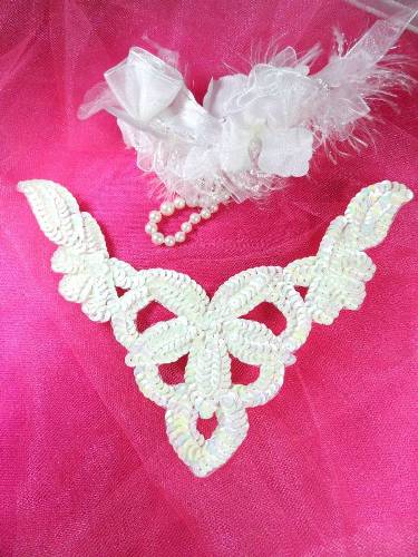 FS398B  White AB Collar Sequin Applique 8.5"
