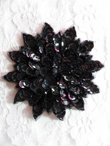 FS474 Black Floral Beaded Sequin Applique 3"