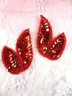 FS549  Red Mirror Pair Beaded Sequin Appliques 2"