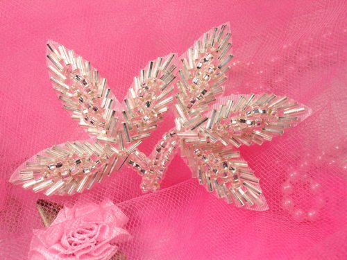 FS566 Silver Beaded Leaf Applique 3.5"